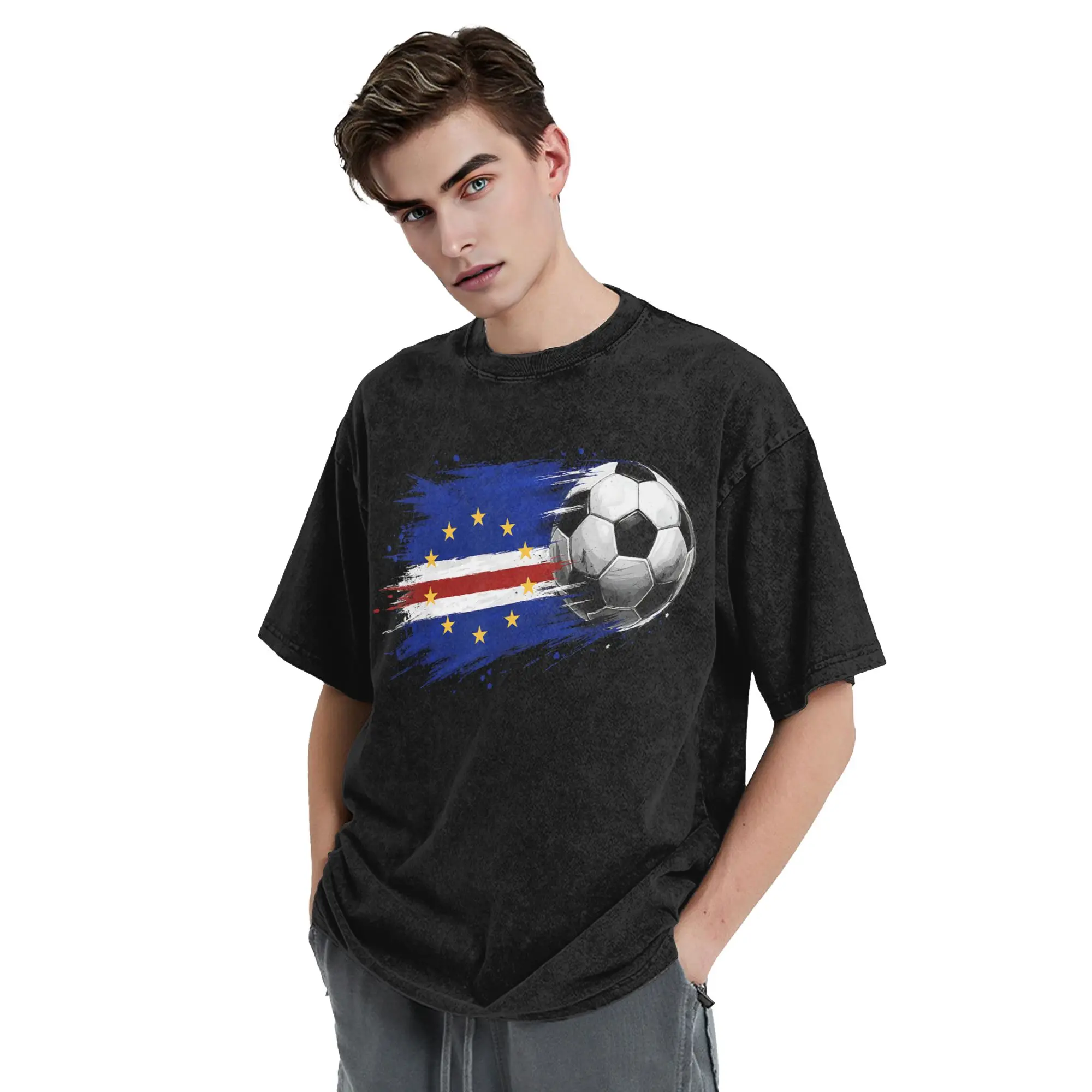 Cape Verde Flag Cabo Verde Soccer Ball Washed T Shirts Streetwear  Novelty T-Shirt  Tees for Men Women 100% Cotton Summer