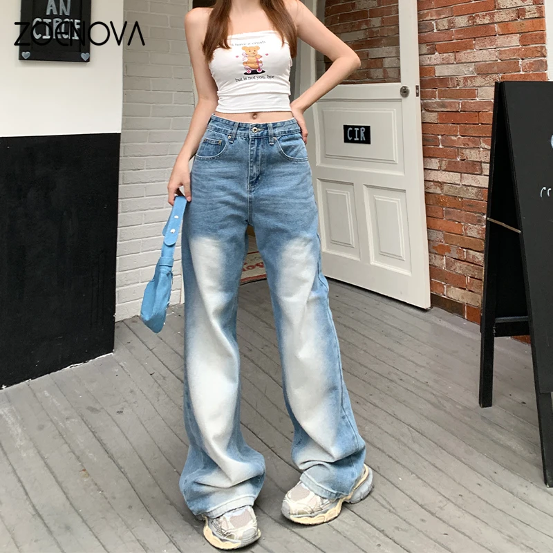 

ZOENOVA American Retro High Street Washed Light Color Women's Jeans Fashion Cool Girl Loose Casual Wide Leg Straight Denim Pants