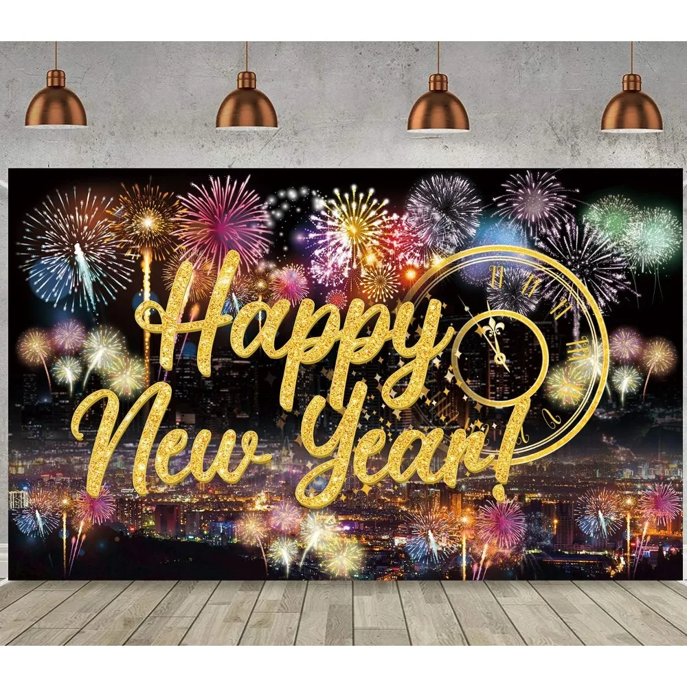 Famoby Happy New Year Fabric Backdrop – Fireworks Photo Booth Poster For Nye Pa…