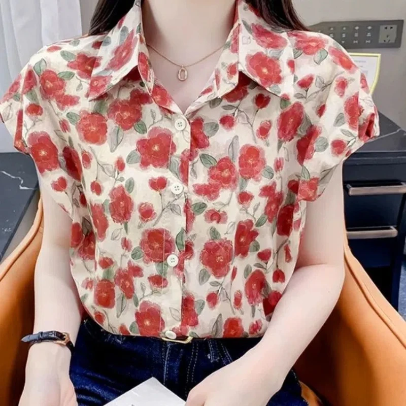 

Vintage Printed Lapel Chiffon Floral Shirt 2025 Summer New All-match Chic Tops Office Lady Short Sleeve Blouse