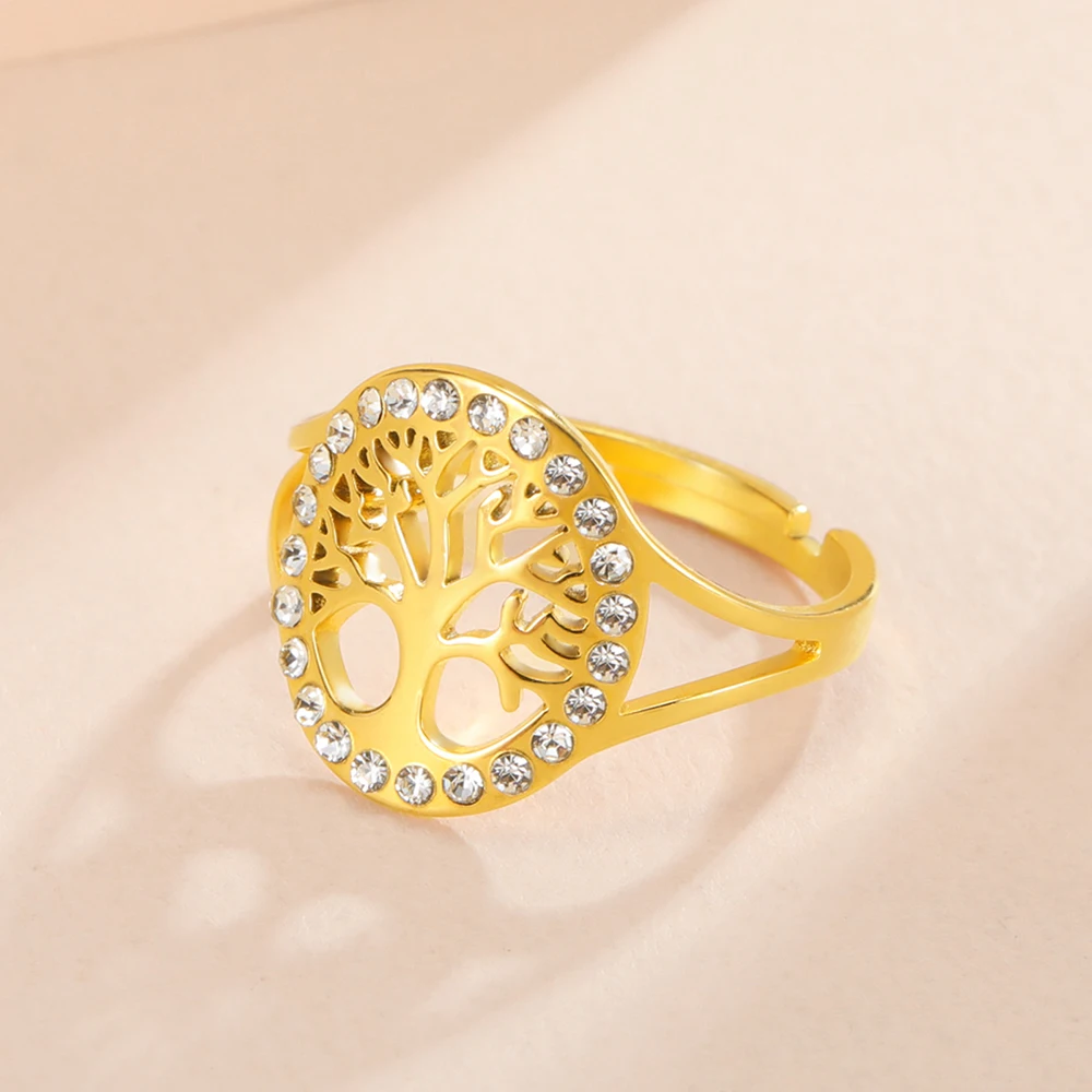 Dawapara Baum des Lebens Damen Ring Klarer Zirkon Verstellbarer Ring Yggdrasil Stammbaum Paar Schmuck Edelstahl Ehering – Detail 10