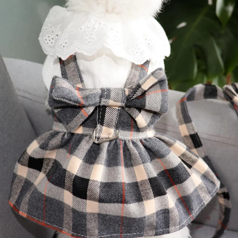 Dog Clothes Dog Dress Plaid Skirt With Big Bowknot Pet Harness With Leash Set For Girls Small Medium Chihuahua Dog Clothing