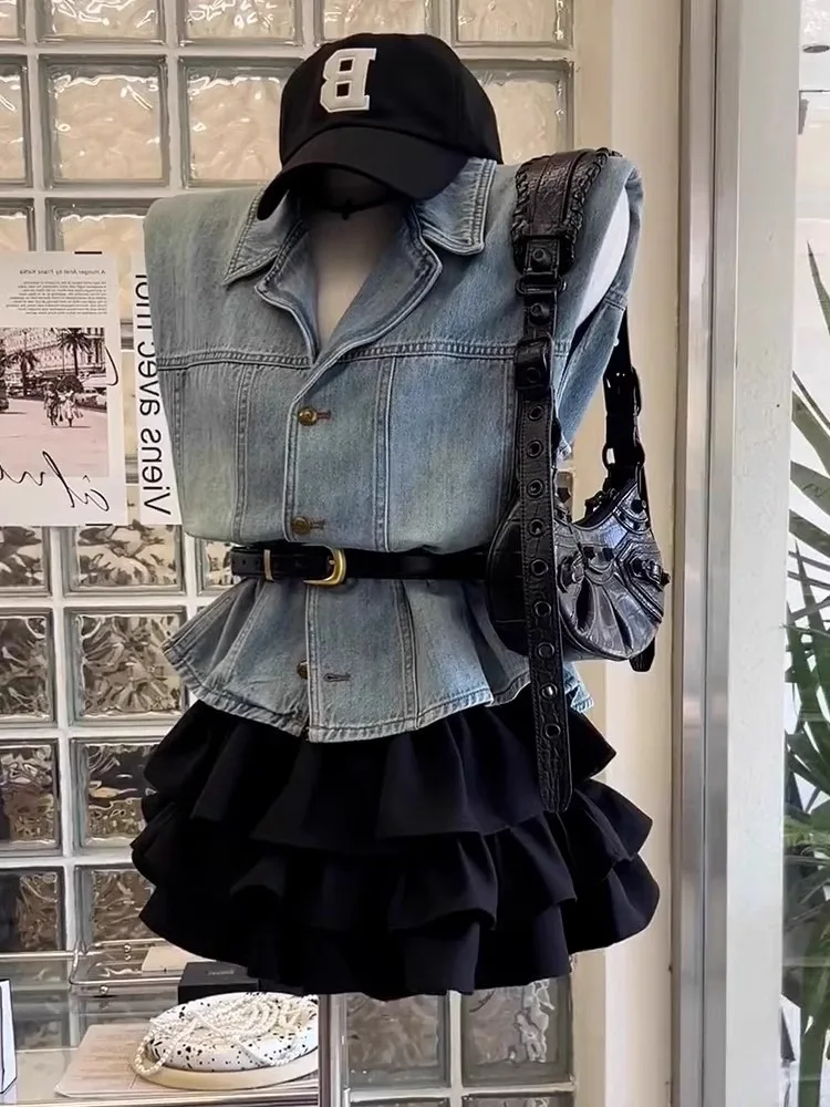 جديد الكورية أزياء الصيف 2 قطعة مجموعات امرأة الزي عارضة أكمام الدنيم قميص أعلى + برعم تنورة صغيرة فتاة حلوة Y2k الشارع الشهير #4