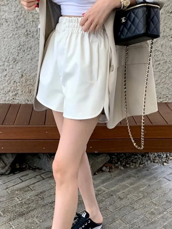 

Two-Button PU Leather Casual Pants Women's Elastic Waist Slimming Color Simple Match Matte Wide Leg orts