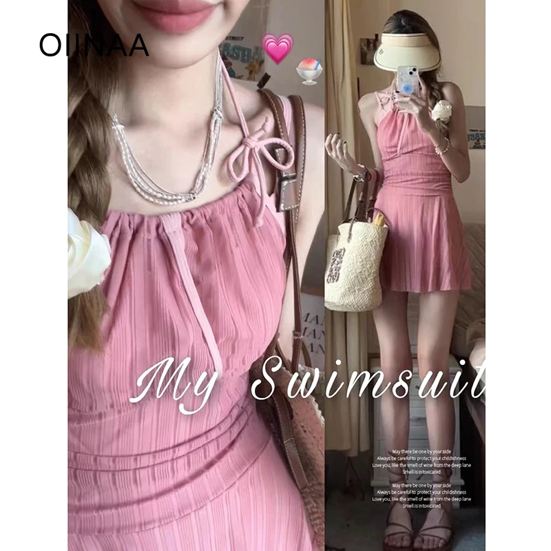 

OIINAA Pink Swimwear Women Off Shoulder Lace Up Beach Dress Sweet Girly Sexy Bathing Suit Summer 2025 New Korean Simple Swimsuit
