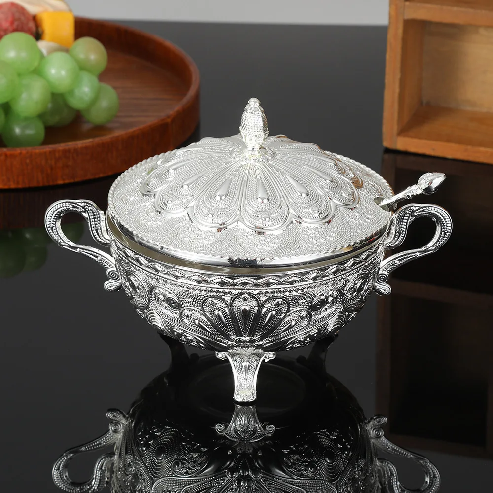 Europea Style Silver Peacock Pattern Sugar Bowl with LidSilver Alloy Spice Salt Cheese ContainerCoffeeBeanStorageJarKitchenDecor