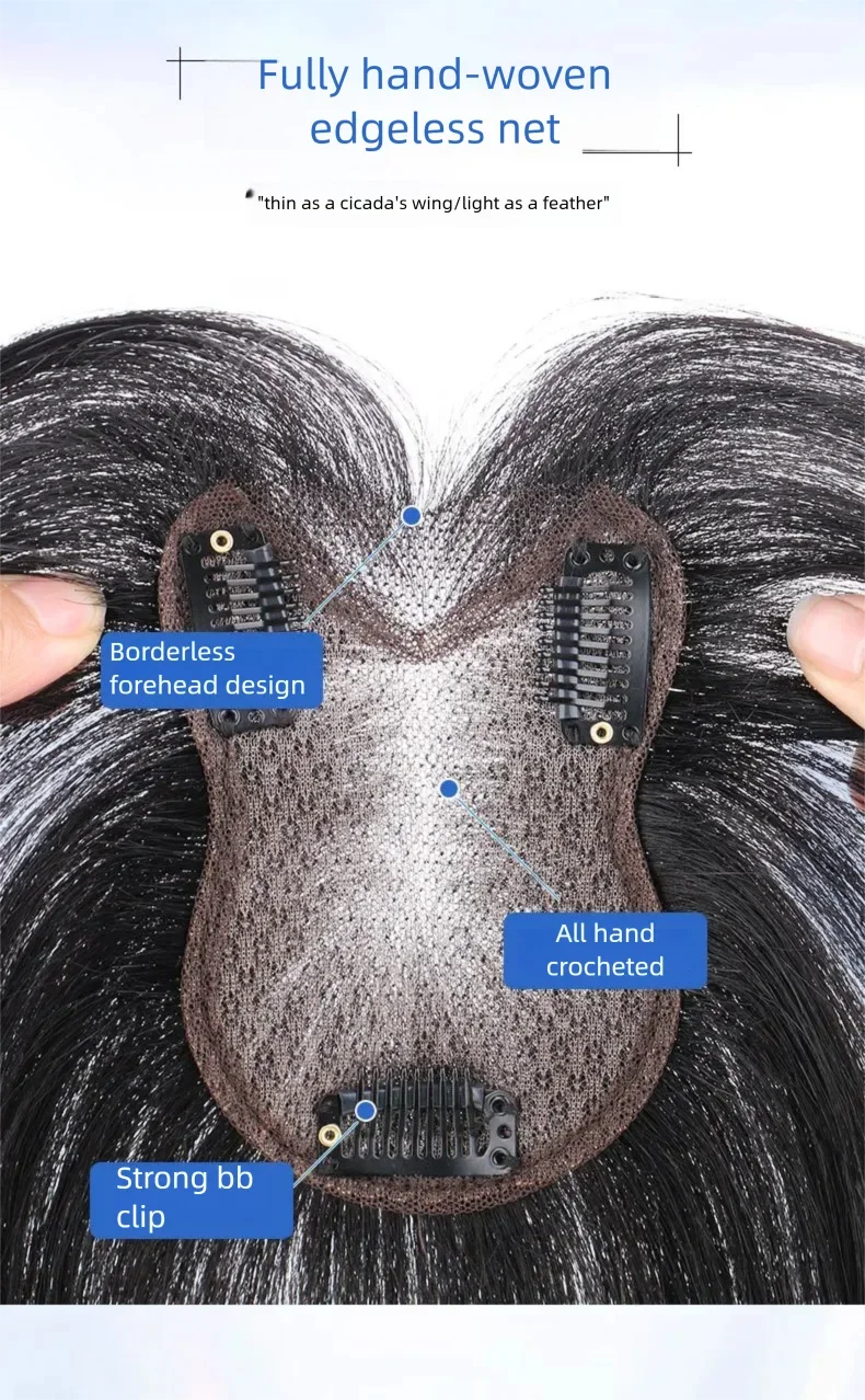 Fluffy Real Human Hair Topper 8x11cm Ultra-Thin Mesh Clip-In Fringe Bangs Instantly Boost Volume & Cover White Hair for Women