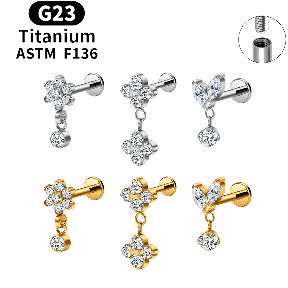ASTM F136 fleur de titane 16G CZ oreille Cartilage Tragus Helix Piercing boucle d'oreille goujon fil interne Labret lèvre anneau bijoux de corps