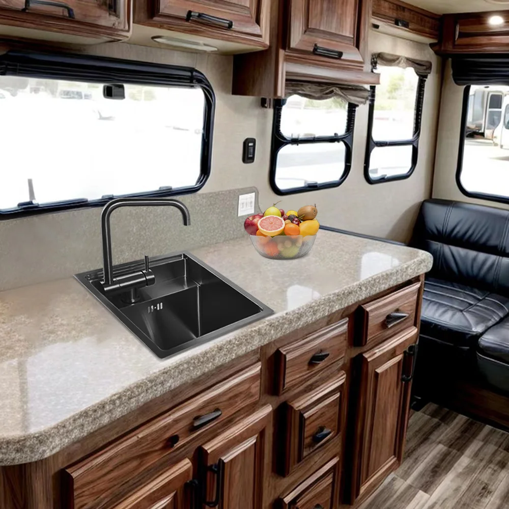 

Handmade Single Rectangular Bowl Stainless Steel RV Kitchen Sink 304 Above Counter Installation with Faucet One-Hole Design
