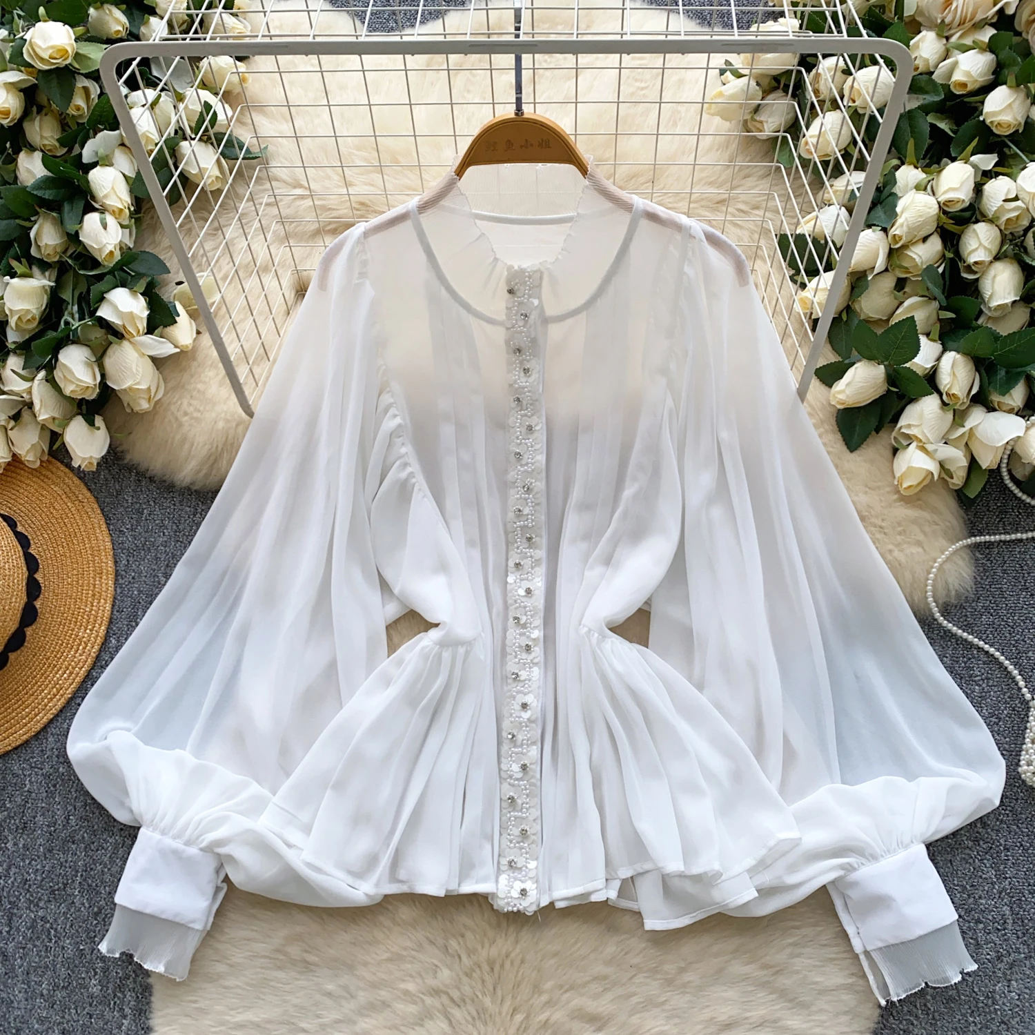 

Vintage Elegant Beading chiffon long sleeve Top Korean Streetwear High Street Autumn Basics T-Shirts