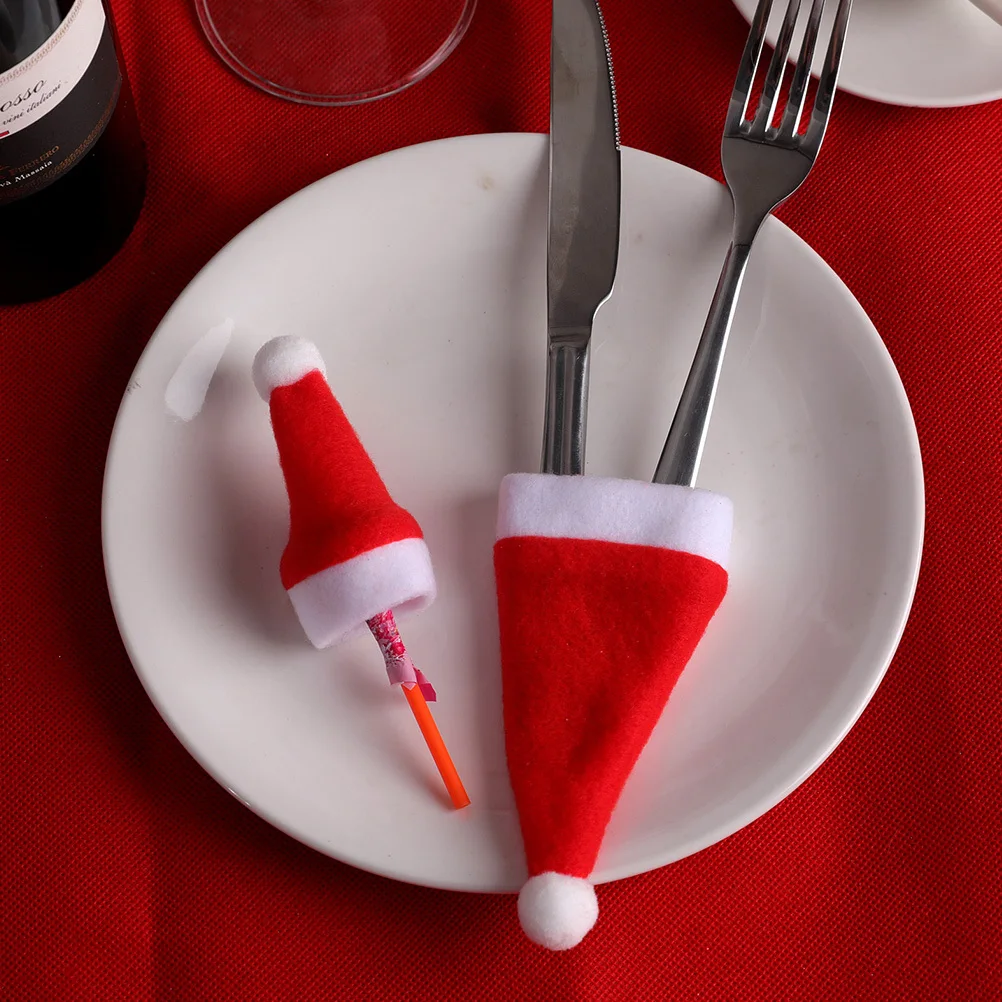 

12Pcs Christmas Hats Small Red Santa Caps Xmas Cutlery Holders Wine Bottle Lollipop Party Supplies Mini Santa Hat