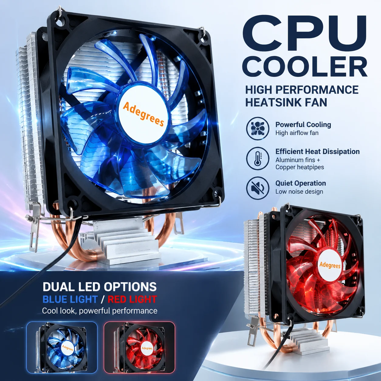 2 Heat Pipes CPU Air Cooler Red/Blue Lights Cooling Fan For Intel LGA 1366 1151 1155 1200 1700 2011 X79 X99 AMD AM3 AM4 AM5