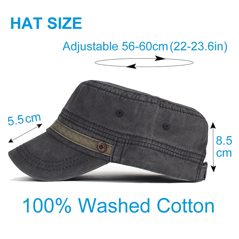 Washed Cotton Cap Men Casual Unique Design Military Caps Vintage Flat Top Hat Adjustable Four Seasons