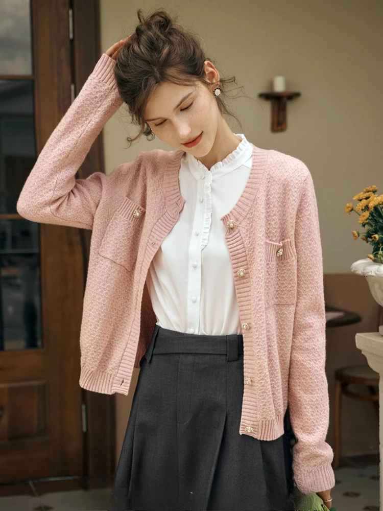 

OLrain вязаный кардиган милый стиль женские осенние трикотажные изделия 2025 роскошные свитера с длинными рукавами карманные короткие джемперы O23QM59811