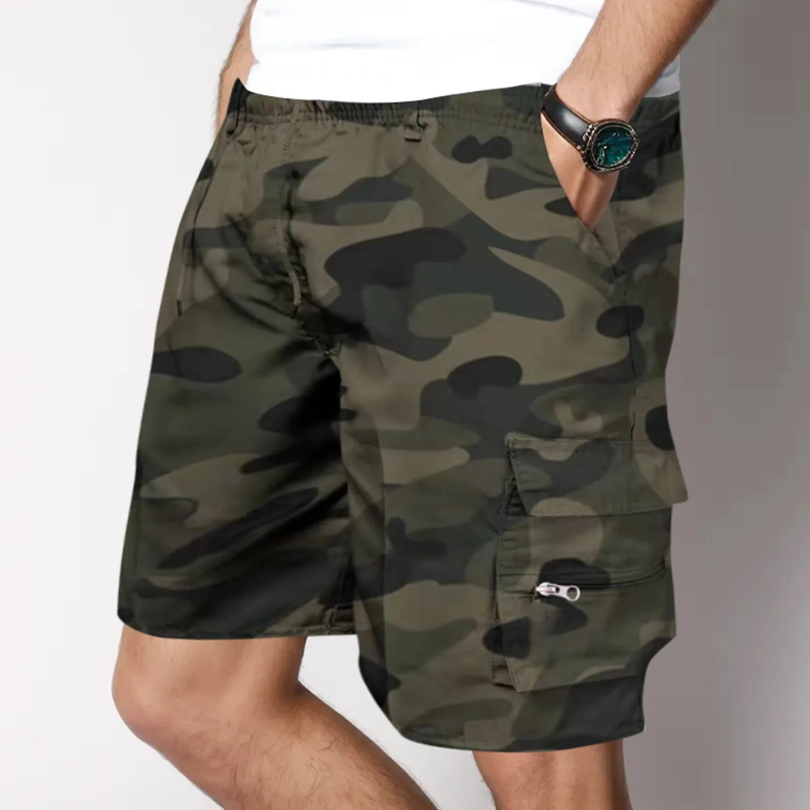 Summer Outdoor Cargo Shorts For Men Camouflage Casual Drawstring Cargo Shorts Solid Pocket Men\'s Hiking Lightweight Short Pants