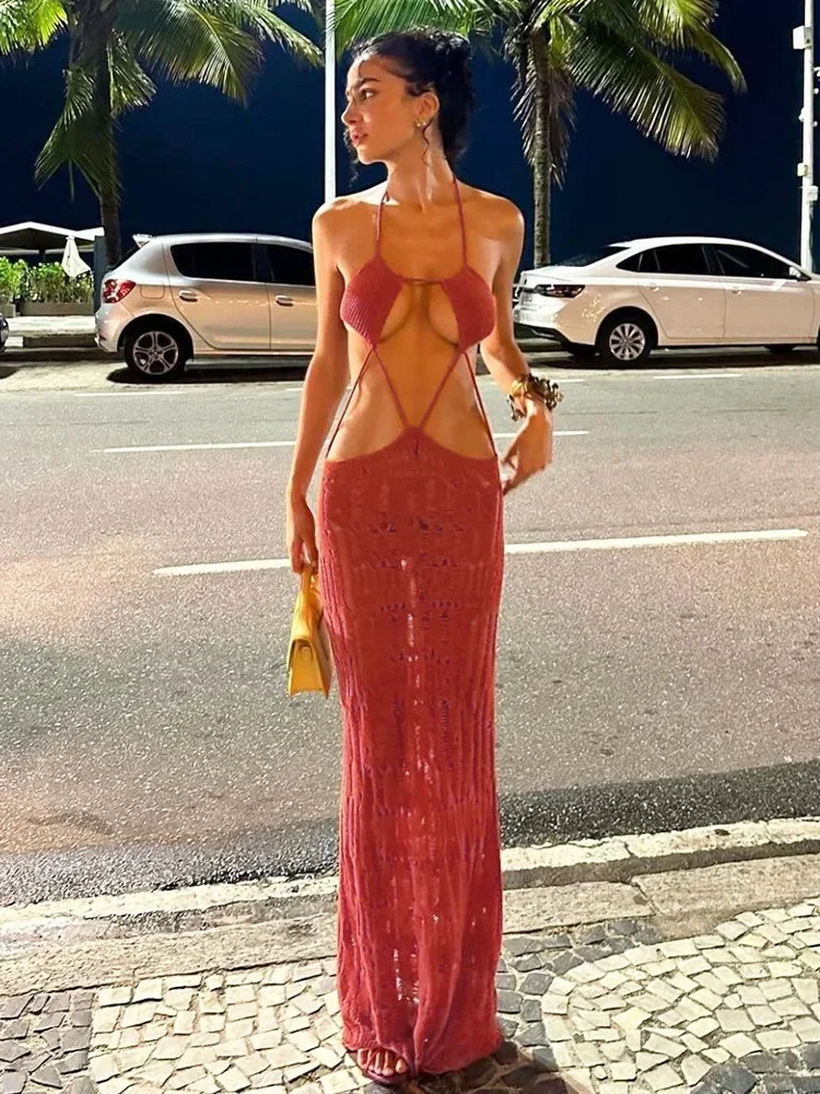 Damen-Strickkleid mit ausgehöhltem Strick, Strandurlaub, 2023, Streetwear, modisch, schick, Neckholder, rückenfrei, Bandage, durchsichtig, lange Partykleider