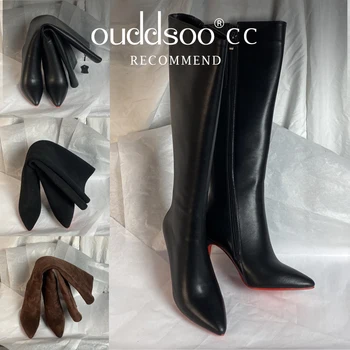 Ods designer de luxo sexy apontou toe pólo joelho alto marrom preto couro sola vermelha botas mujer para mulher 8 10cm grande 41434546