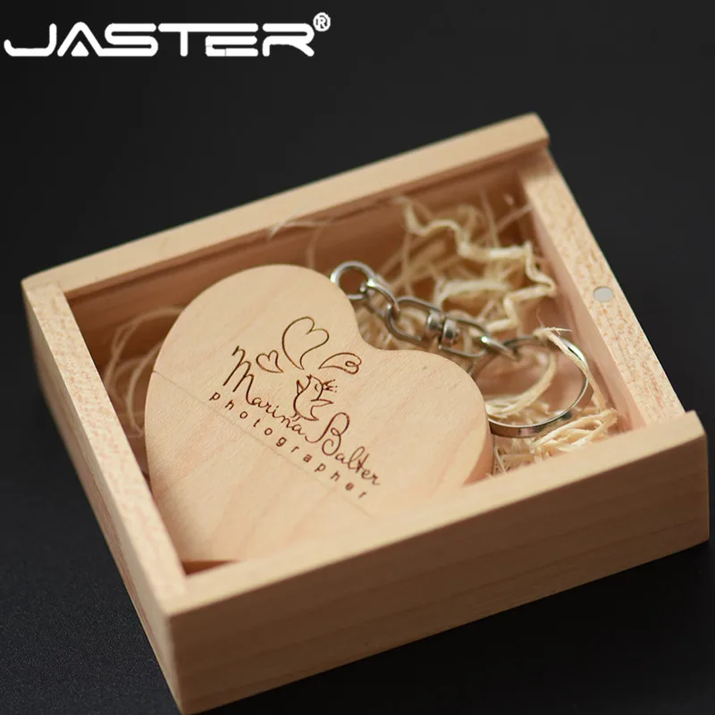 

JASTER (free custom logo) walnut wooden heart + gift box USB flash drive creative pendrive 8GB 16GB 32GB 64GB memory stick