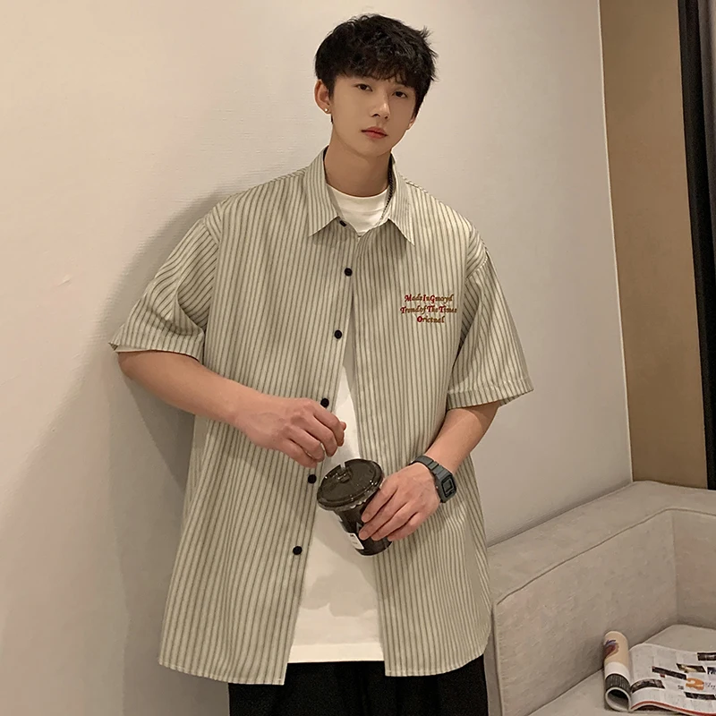 Men's Shirts Spring and Summer Men's Fashion Striped Shirt Letter Print Holiday Style Short Sleeve Loose Top Men's Clothing