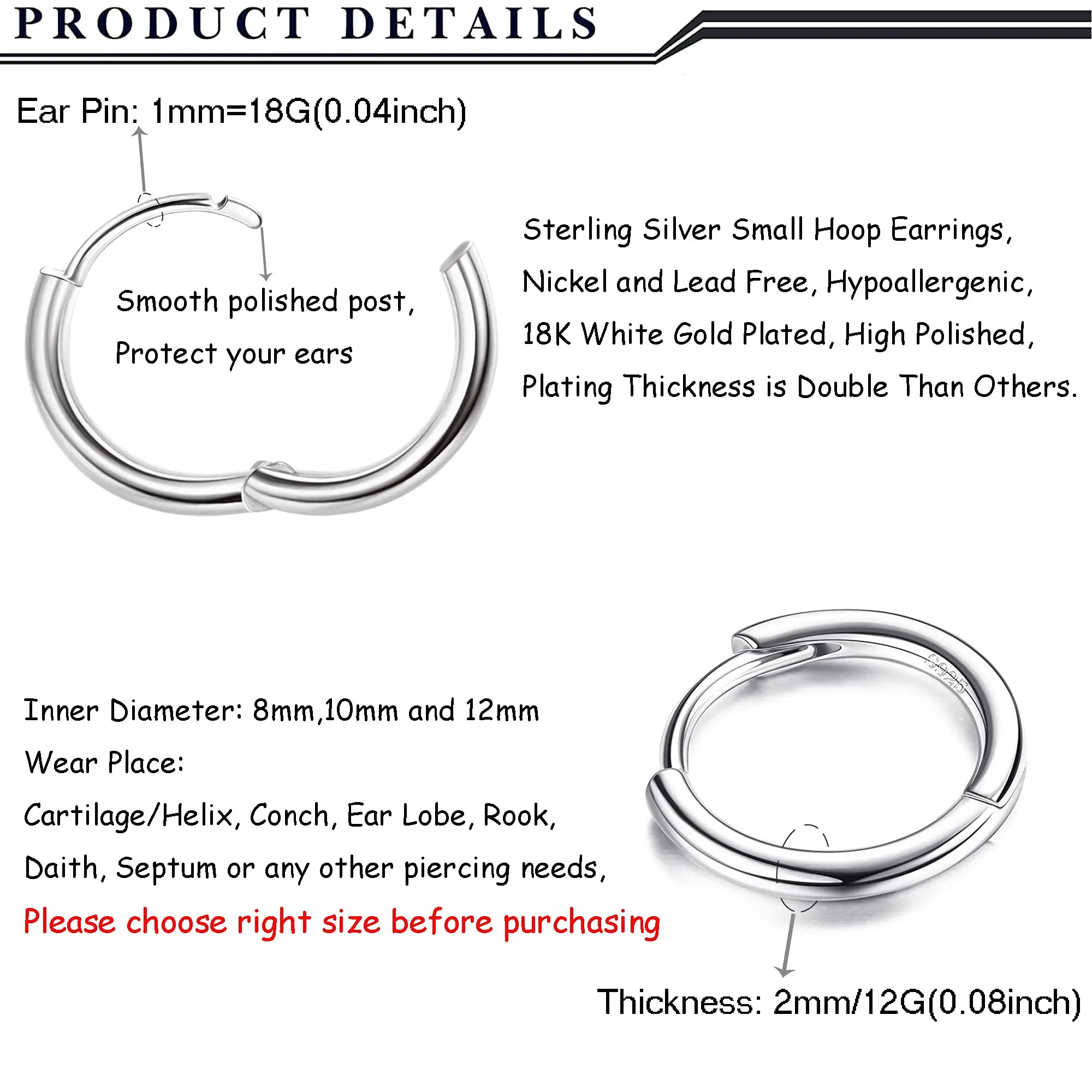 Fansilver 925 Sterling Silver Huggie Earrings for Women 18K Gold Plated Hypoallergenic Piercing Sleeper Hoop Earrings Jewelry