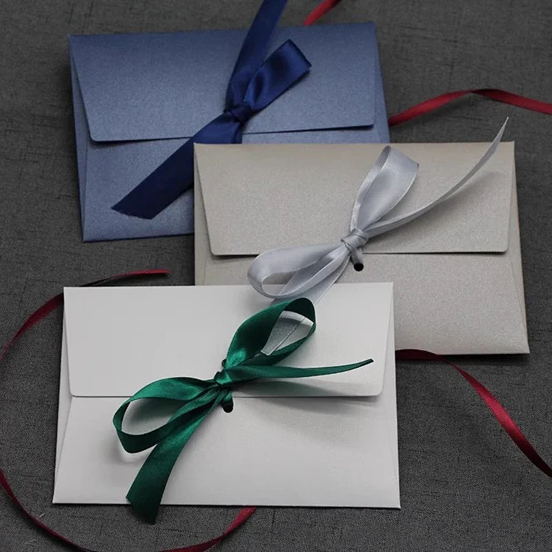 5pcs Creative Ribbon Paper Envelope Solid Thick Writing Paper Cover Wedding Birthday Party Holiday Gift Packging Office Supplies