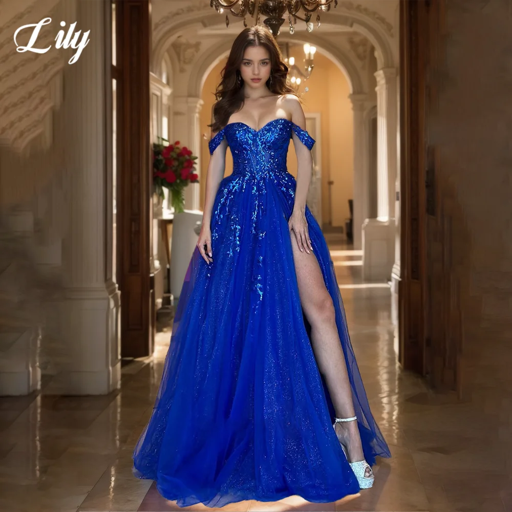 

Lily Royal Blue Elegant Evening Gown Sweetheart Off the Shoulder Prom Dress Shiny Sequined Side Split Evening Dresses Customized