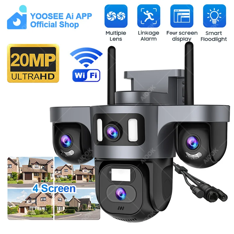 YOOSEE Ai APP Four Lens Outdoor Camera HD 20MP Mobile Tracking Night Vision WIFI Camera Two-way Intercom Intelligent Alarm CCTV