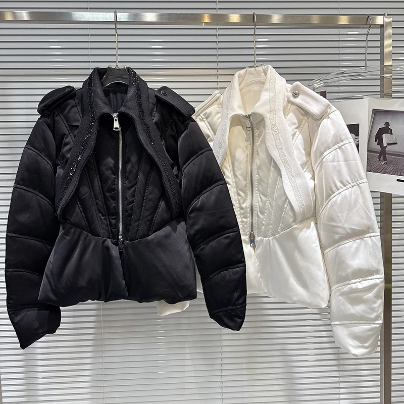 

2025 зимнее новое хлопковое пальто для похудения с рыбьей косточкой на талии, женское модное индивидуальное однотонное дизайнерское универсальное пальто