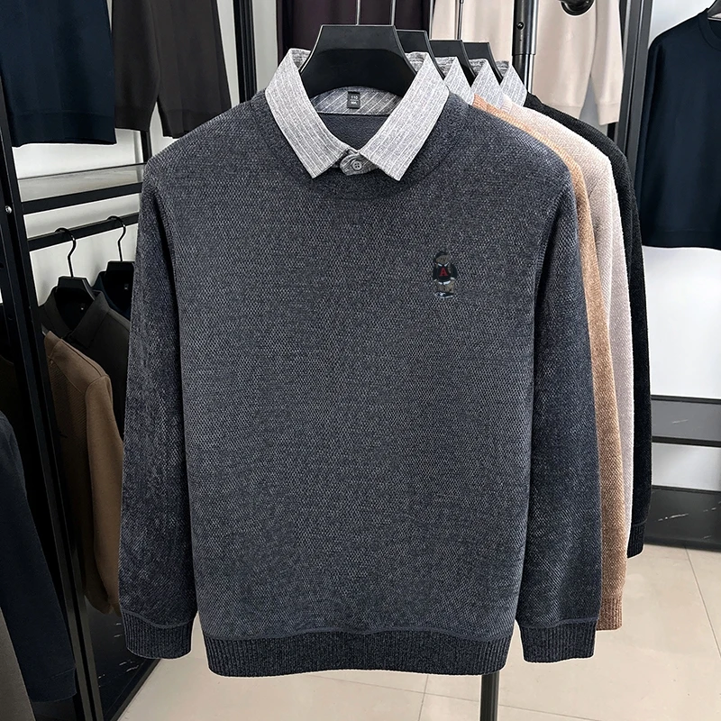 Maglione da uomo in maglia con stampa orso di alta qualità risvolto falso in due pezzi addensare pullover inverno moda strada versatile abbigliamento da uomo caldo