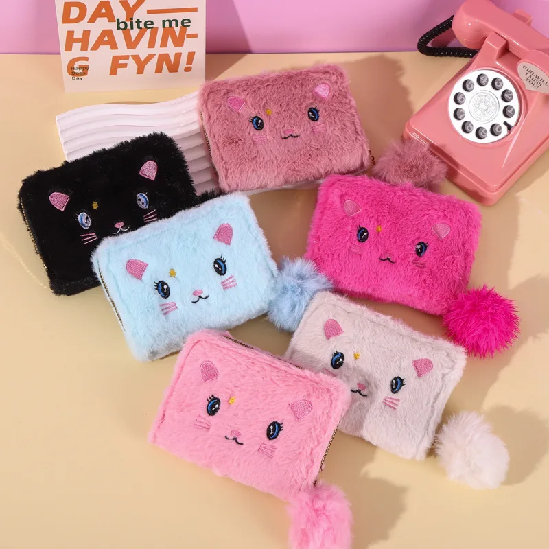 Neue niedliche Cartoon Katze Plüsch Münz geldbörse Kawaii Tier Reiß verschluss Brieftasche Plüsch Kopfhörer Tasche Anhänger Puppe Kinder Geburtstags geschenke