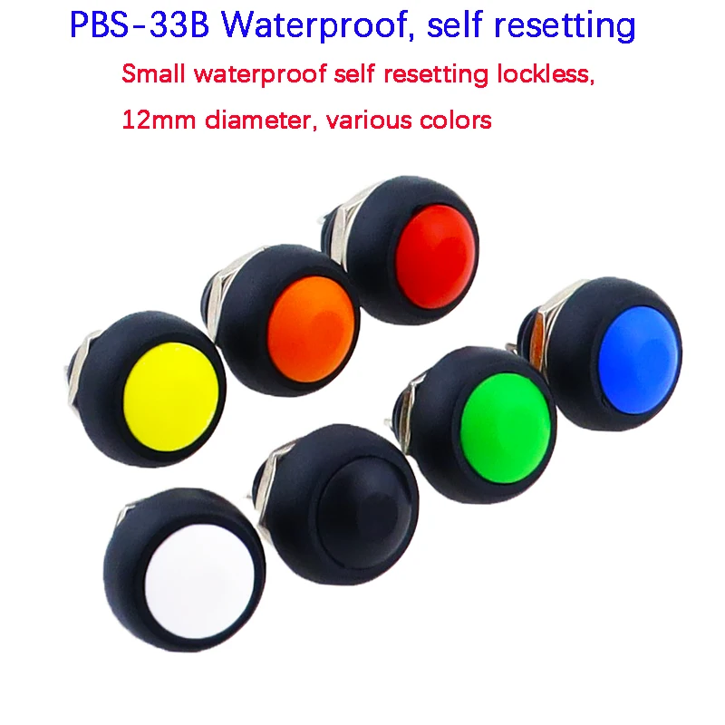 6Pcs PBS-33b 2Pin Mini Switch 12mm 12V 1A Waterproof momentary Push button Switch since the reset Non-locking