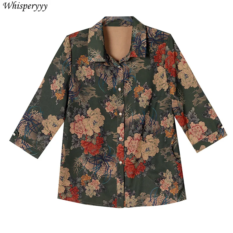 Printed Blouse for Ladies New Fashion Spring Summer Loose Shirt Single-breasted Seven-quarter Sleeve Tops Casual Chemise Femme