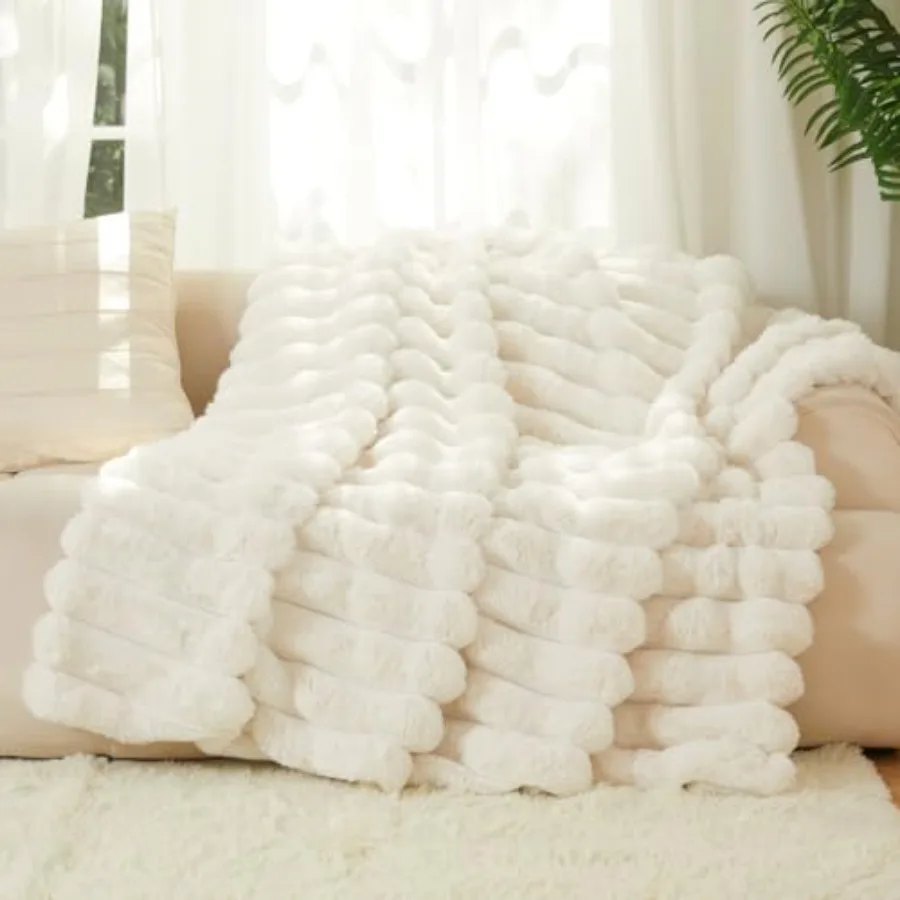 

The Nantucket Blanket - LuxeComfort Faux Fur Striped Blanket 50"x60" - Luxuriously Soft Cozy Warm Gift for Women Plush Silky Fu