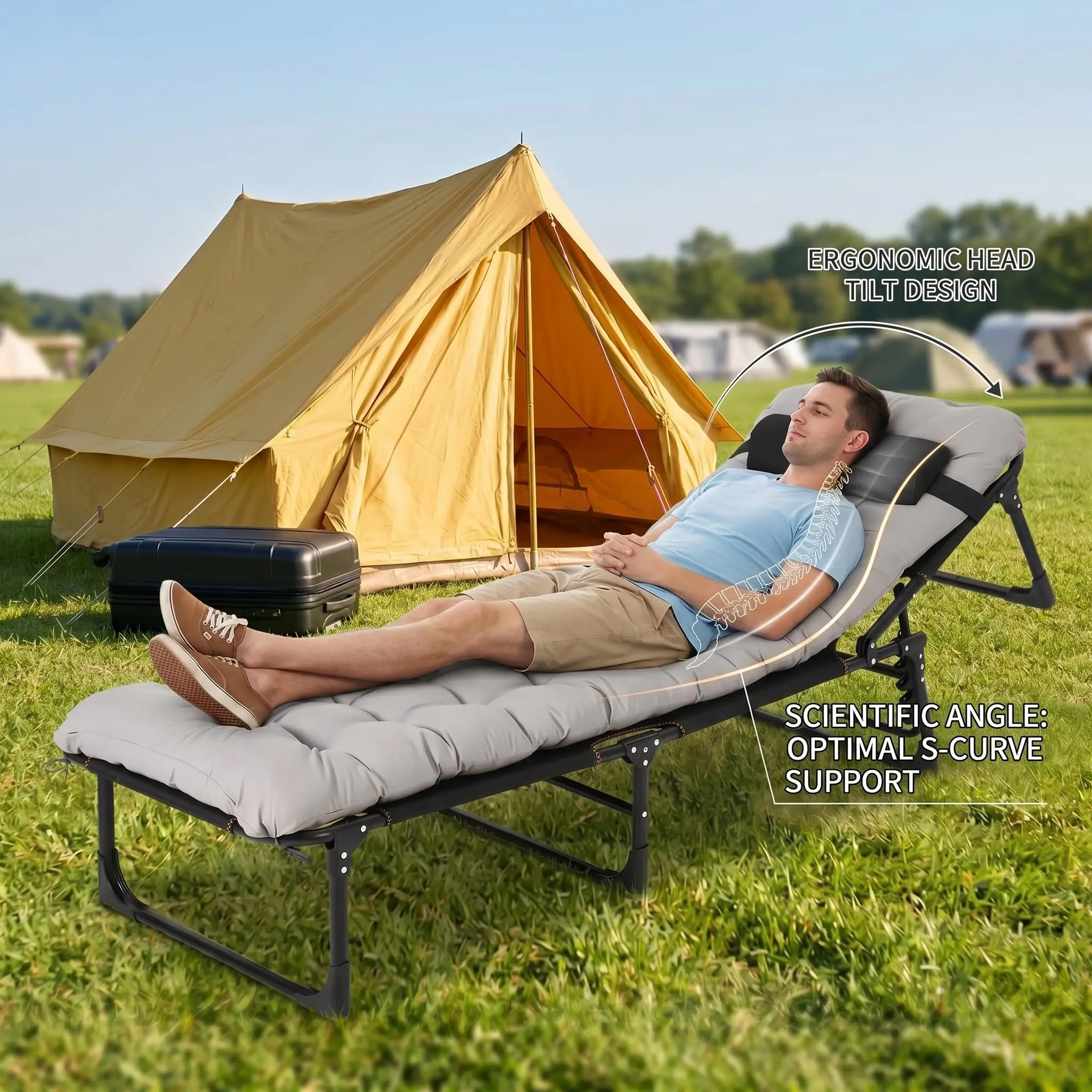 170-200CM Outdoor Lounge Chair Heavy-Duty Tri-Fold Camping Cot for Adults Wide Folding Camp Bed with Removable Mattress Pad Pillow & Carry Bag Double-Layer Oxford Fabric Gray 8-Leg Heavy Duty Furniture
