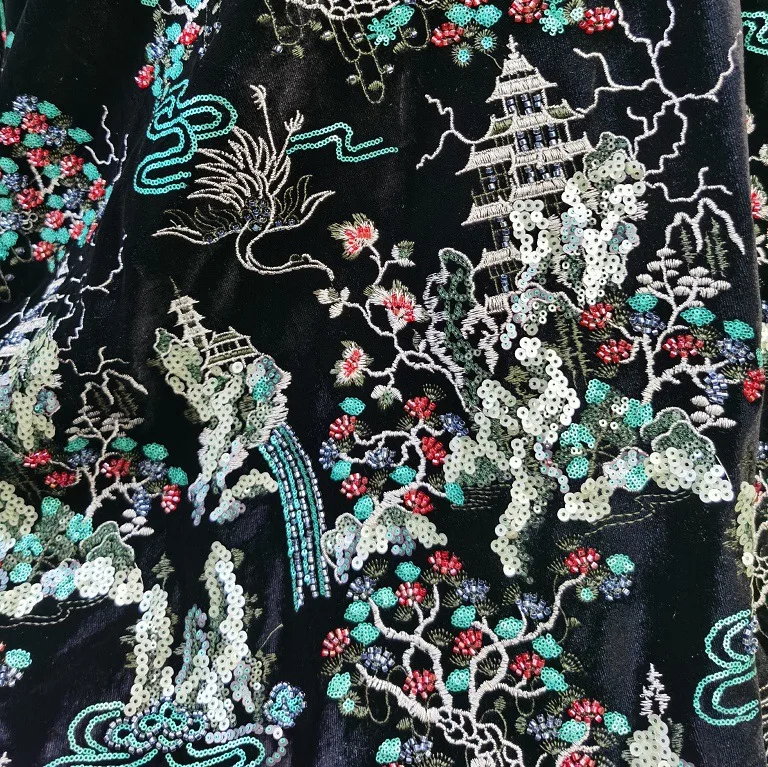 

Luxurious black velvet fabric, sequin and bead embroidery velvet, Chinese-style clothing design fabric DIY sewing material