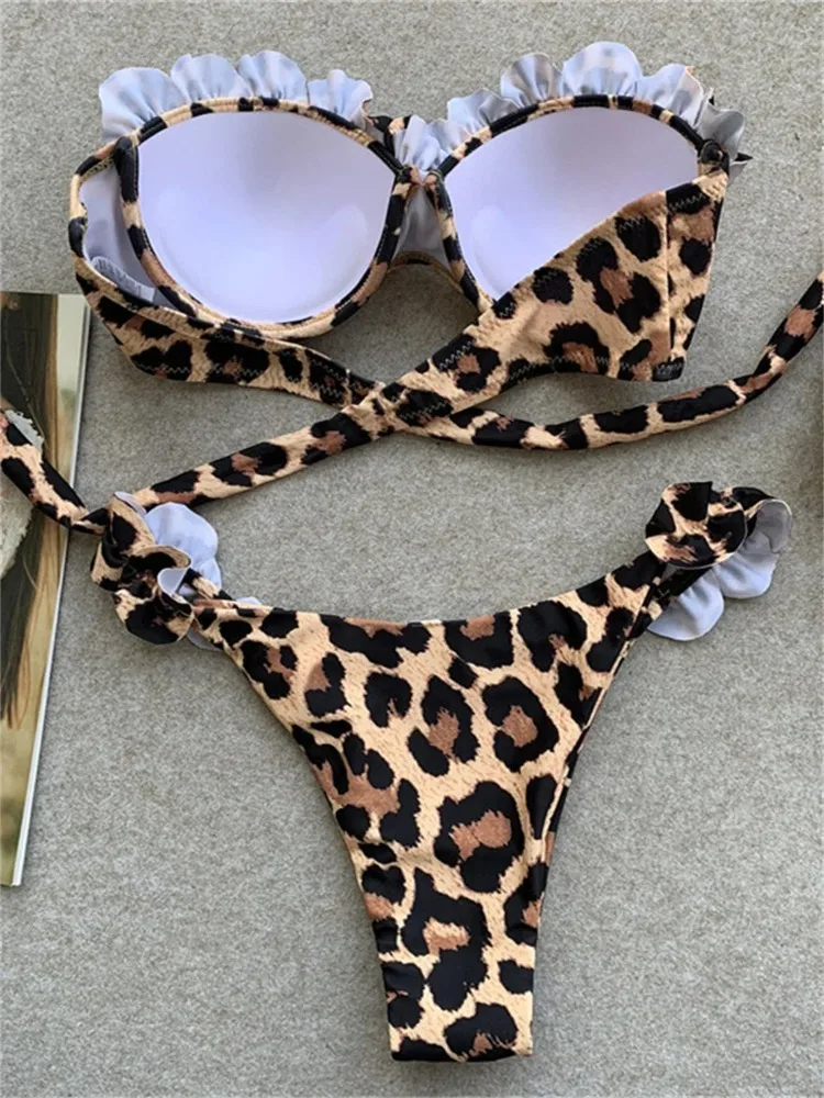 Frauen 2024 Sexy Animal Print Leopard Push Up Bikini Set Brasilianische Bandeau Tanga Strand Bademode 2-teiliges Set für Frau Badeanzug