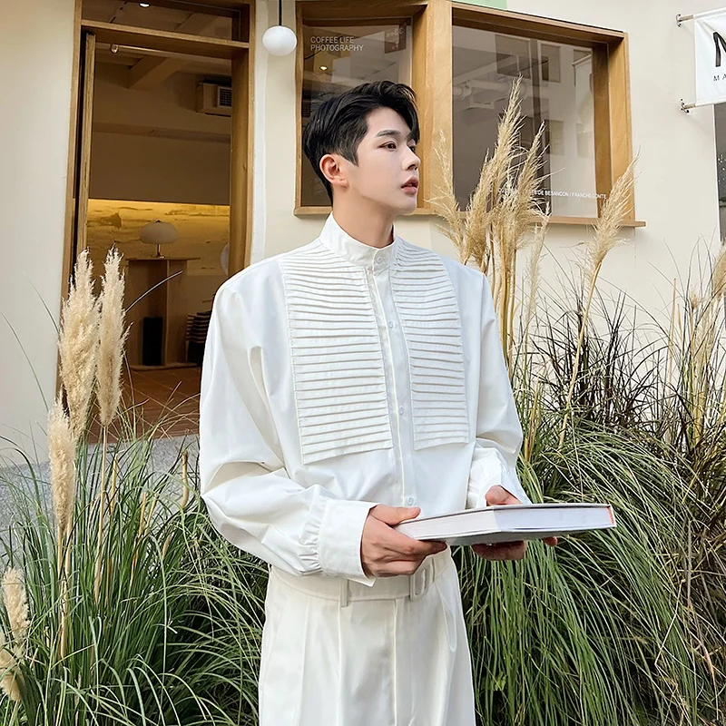Loose Fit Long Sleeve White Shirt Men's Vintage Style Embroidery Detailed Stand Collar Premium Feeling Heavy Embroidery Shirt