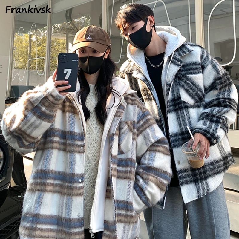 Sahte 2 Adet Kapşonlu Ceketler Kadın Ekose Vintage Çiftler Kalınlaşmak Sıcak Dış Giyim Amerikan Tarzı Moda Nazik Rahat Kış Giyim