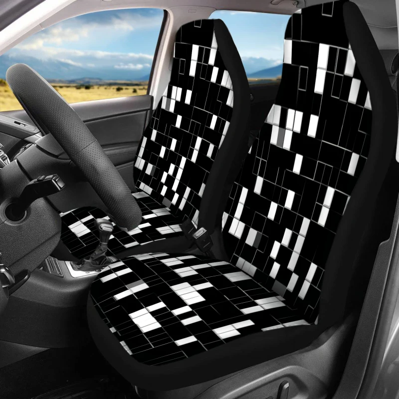 2pcs Monochrome Pixel Car Covers | Breathable Polyester Vehicle Cushion Covers For Front Seats Only, Machine Washable, Universal