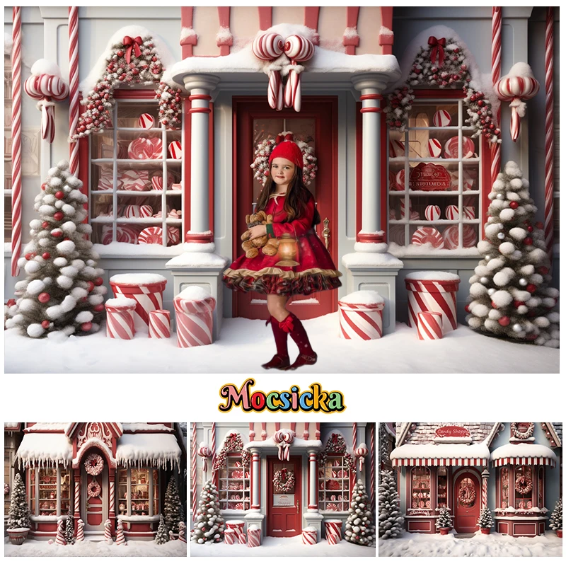 

Mocsicka Christmas Candy Store Backdrops Family Adult Kids Portrait Photography Backgrounds Winter Xmas Tree Party Decors Banner