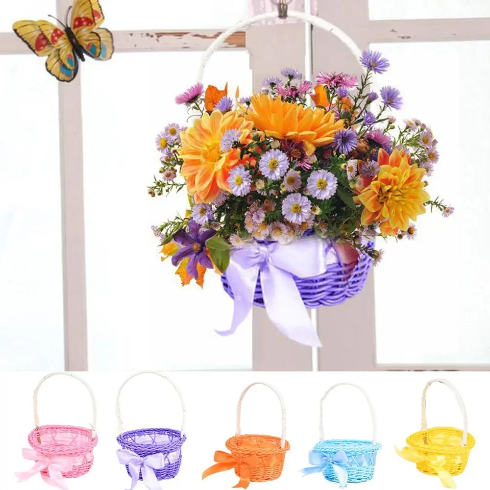 Imitation Rattan Round Small Flower Basket Pink/Purple/Orange/Blue/Yellow Decorative Woven Hand-held Flower Basket with handle