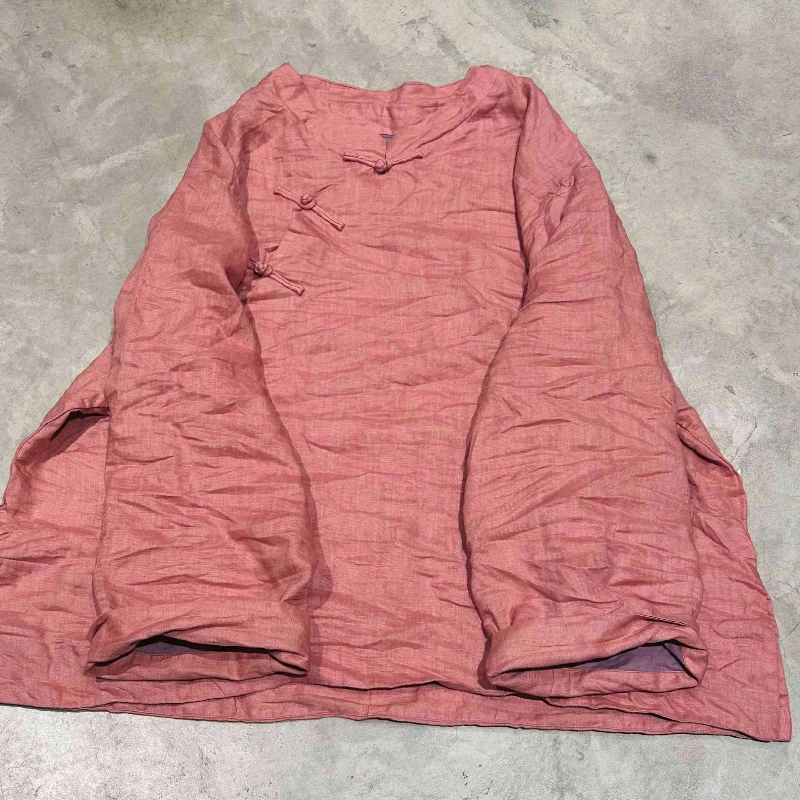 

Vintage Chinese Knot Button Women Shirts 2026 Spring New Solid Color Double Layer Tee Long Sleeve Natural Fabric Female Tops