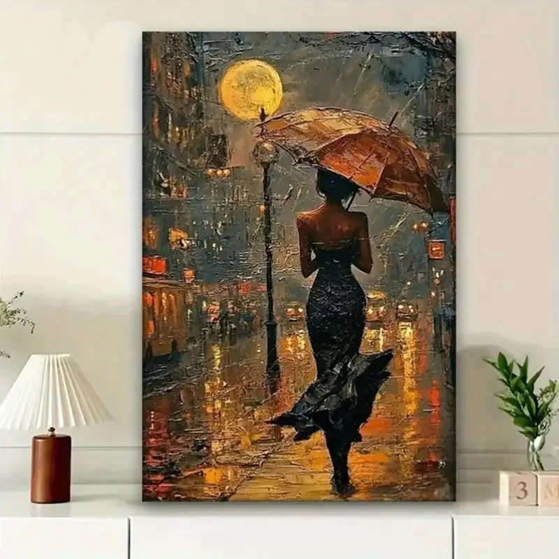 [2D Flat] 1pc Woman in Black Dress with Umbrella Nighttime City Rain Moonlit Street Scene Oil Painting - Vibrant Urban Wall A