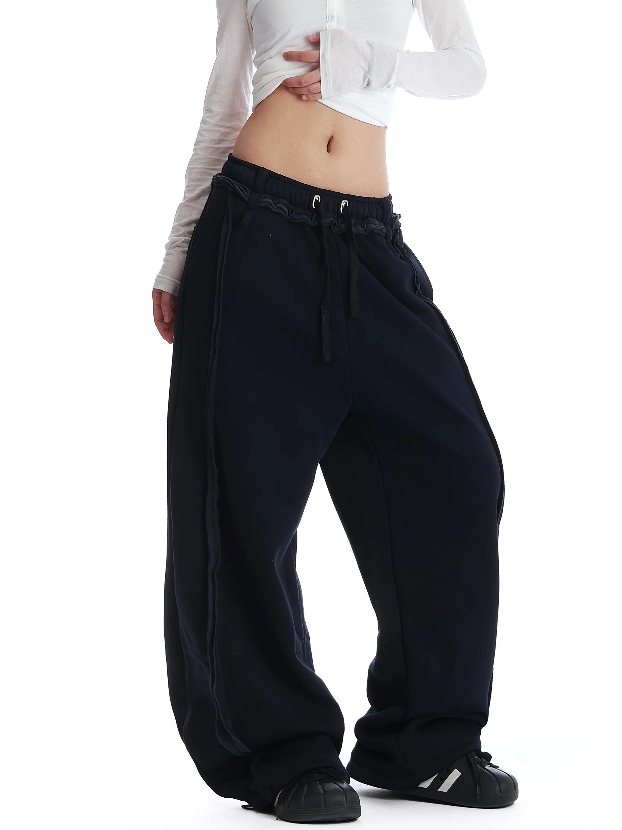 

Американские синие флисовые брюки-джоггеры с широкими штанинами для женщин, зимние, свободные, прямые, в пол, повседневные