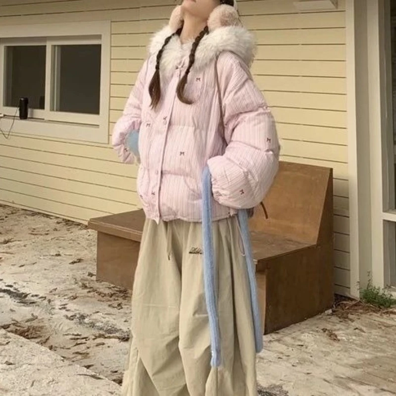 New Fur Collar Korean Striped Cotton Jacket Bow Winter Hooded Cropped Bread Jacket Thickened Warm Cotton Jacket