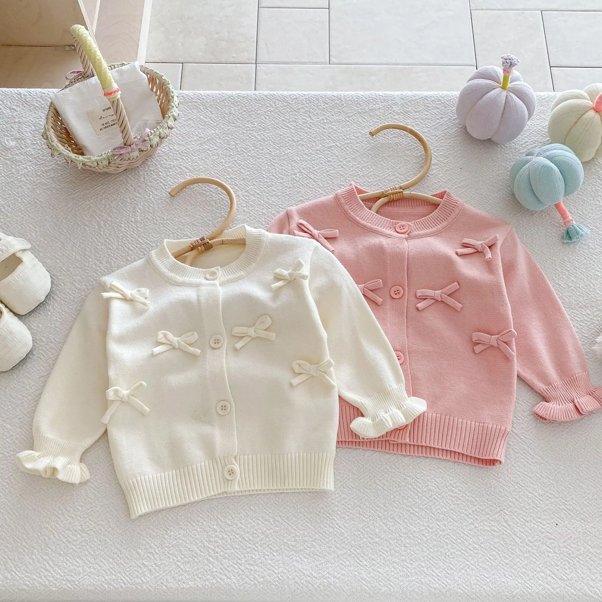 

2025 Autumn Baby Bow Knitted Cardigan Girls Sweaters Coat Korean Style Toddler Kids Long Sleeve Knitwear Cardigans