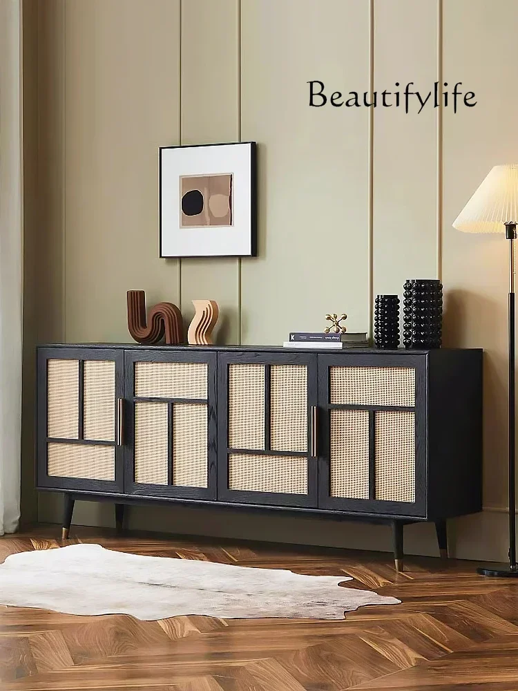 

F Скандинавский ретро твердый деревянный ротанговый обеденный боковой шкаф, современный простой черный входной шкафчик для гостиной