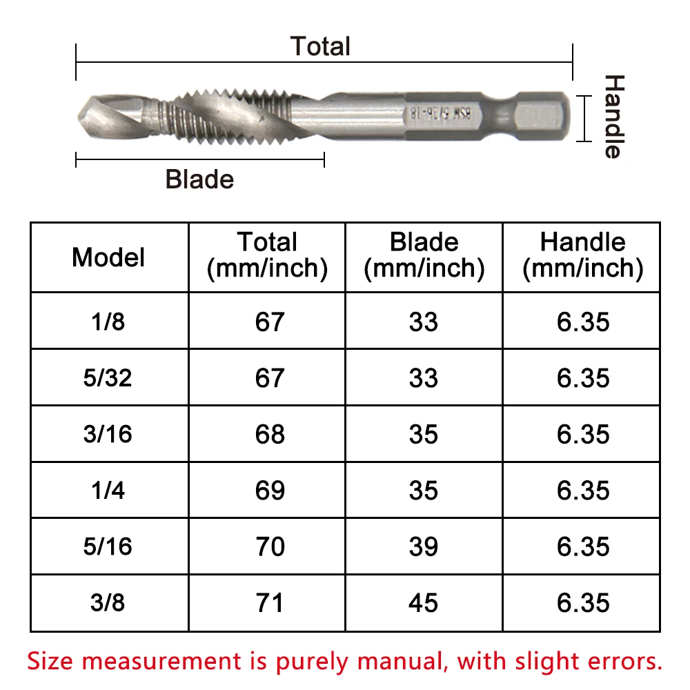 6PC British System Composite Tap High-speed Steel 4341 Machine Tap Opening Chamfer Tap Tool Drilling and Tapping Integrated Set