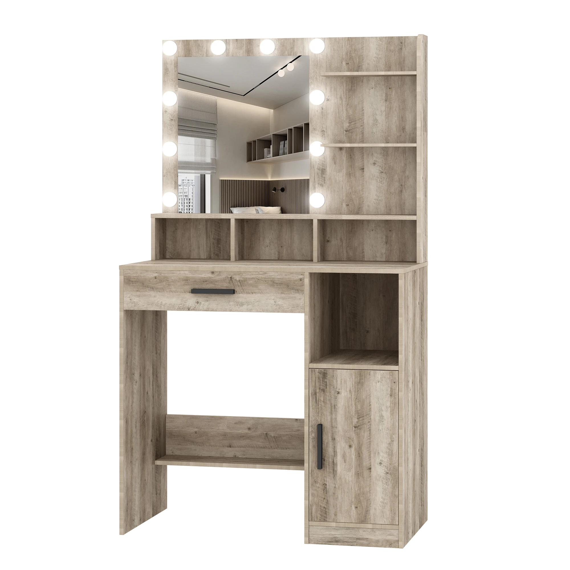 Hzuaneri kaptafel met spiegel en 10 LED-verlichting, make-up met 3 planken en 4 open vakken, met grote lade