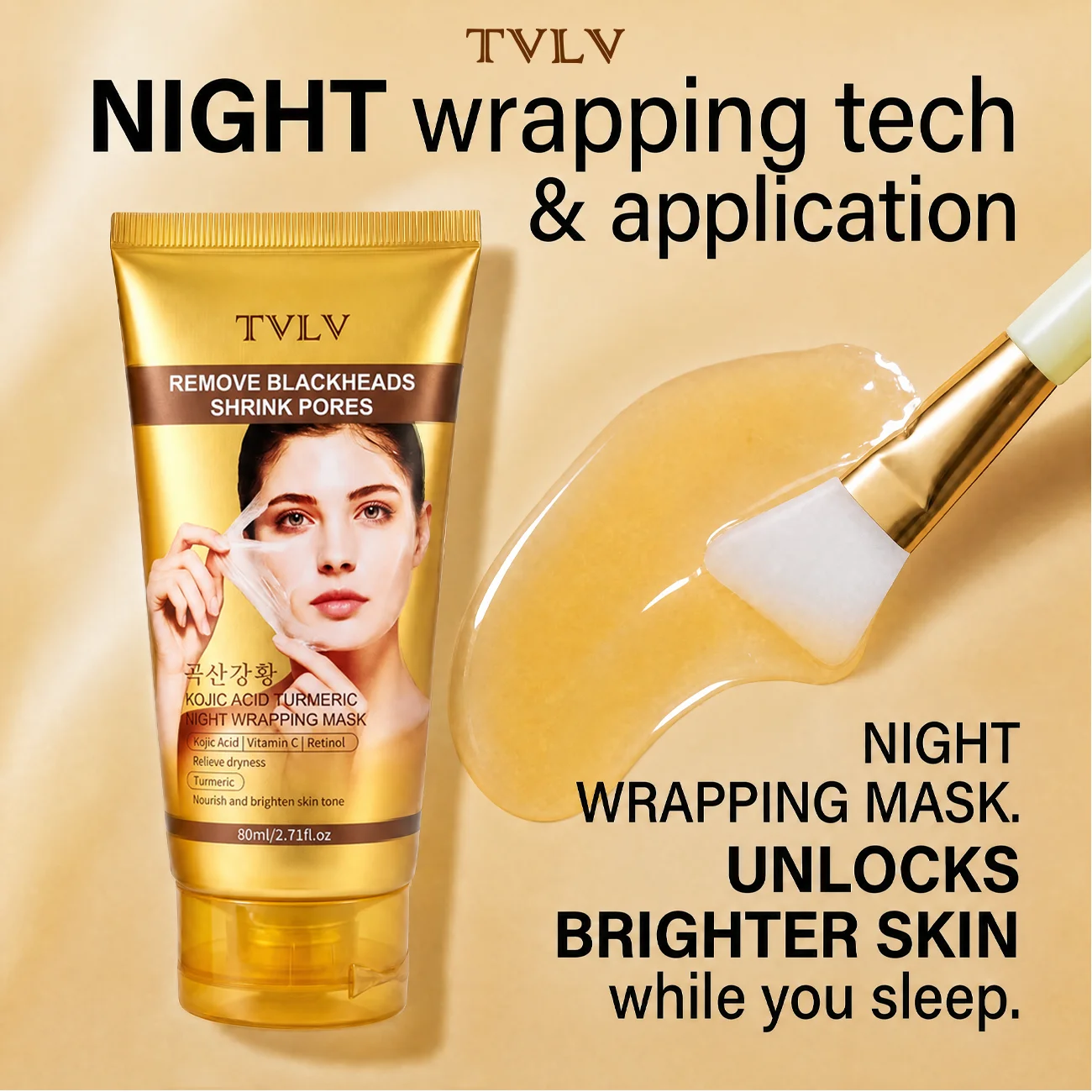 TVLV Kojic Acid Turmeric Peel-off Mask, Overnight Wrapping Brightening Face Mask for Blackhead & Pore Care 90ml